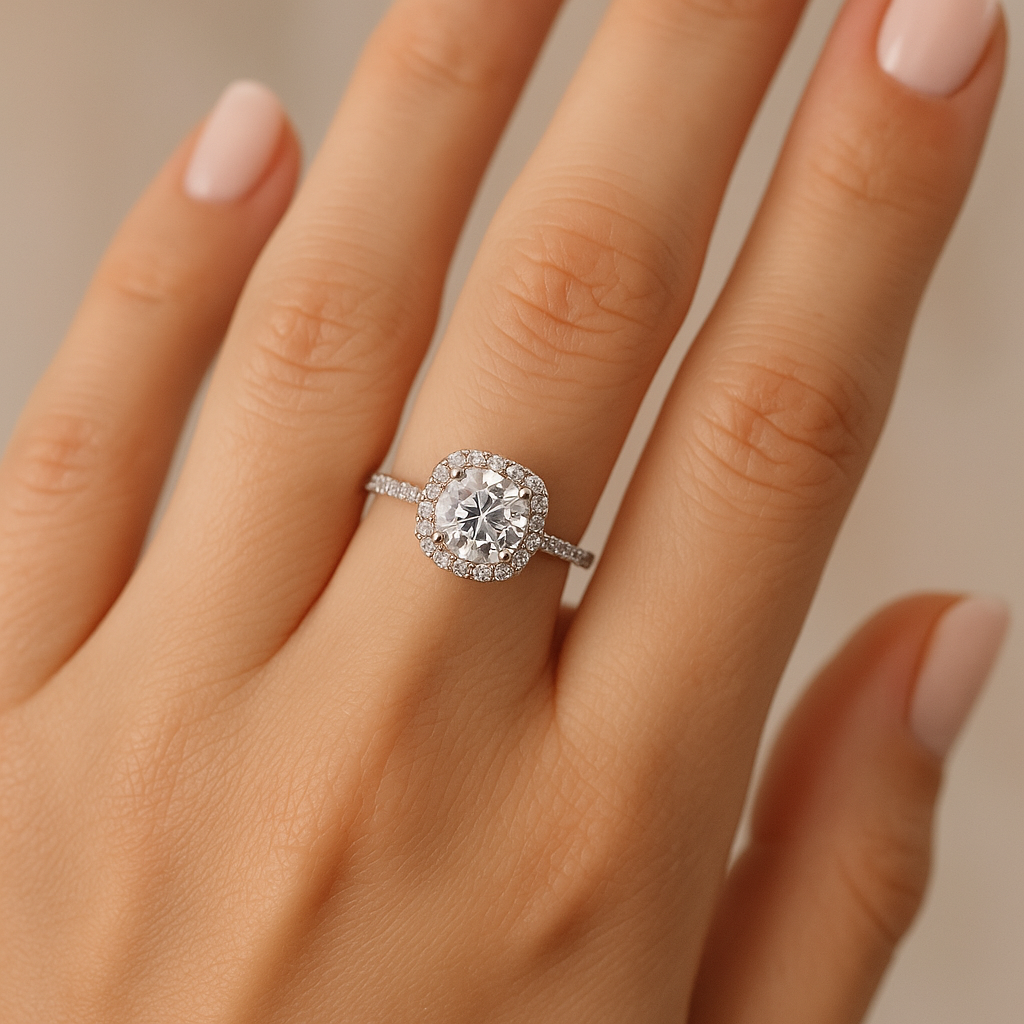 Moissanite Halo Promise Ring – Round Cut