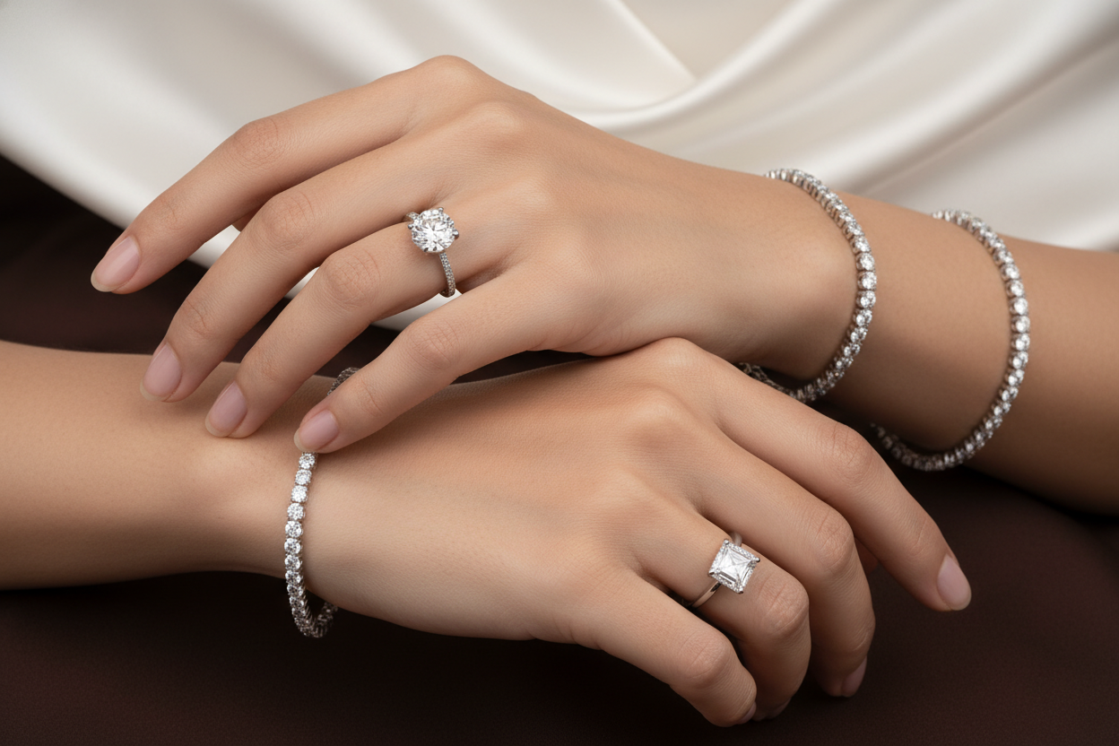 girls hands wearing medium-small size diamond stone rings and classic tennis bracelets, brown and white contrast background